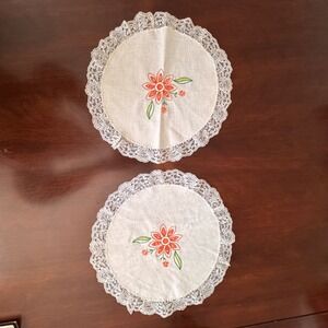 Vintage Embroidered Floral Linen Doilies Lace Trim Round White Orange Set of 2